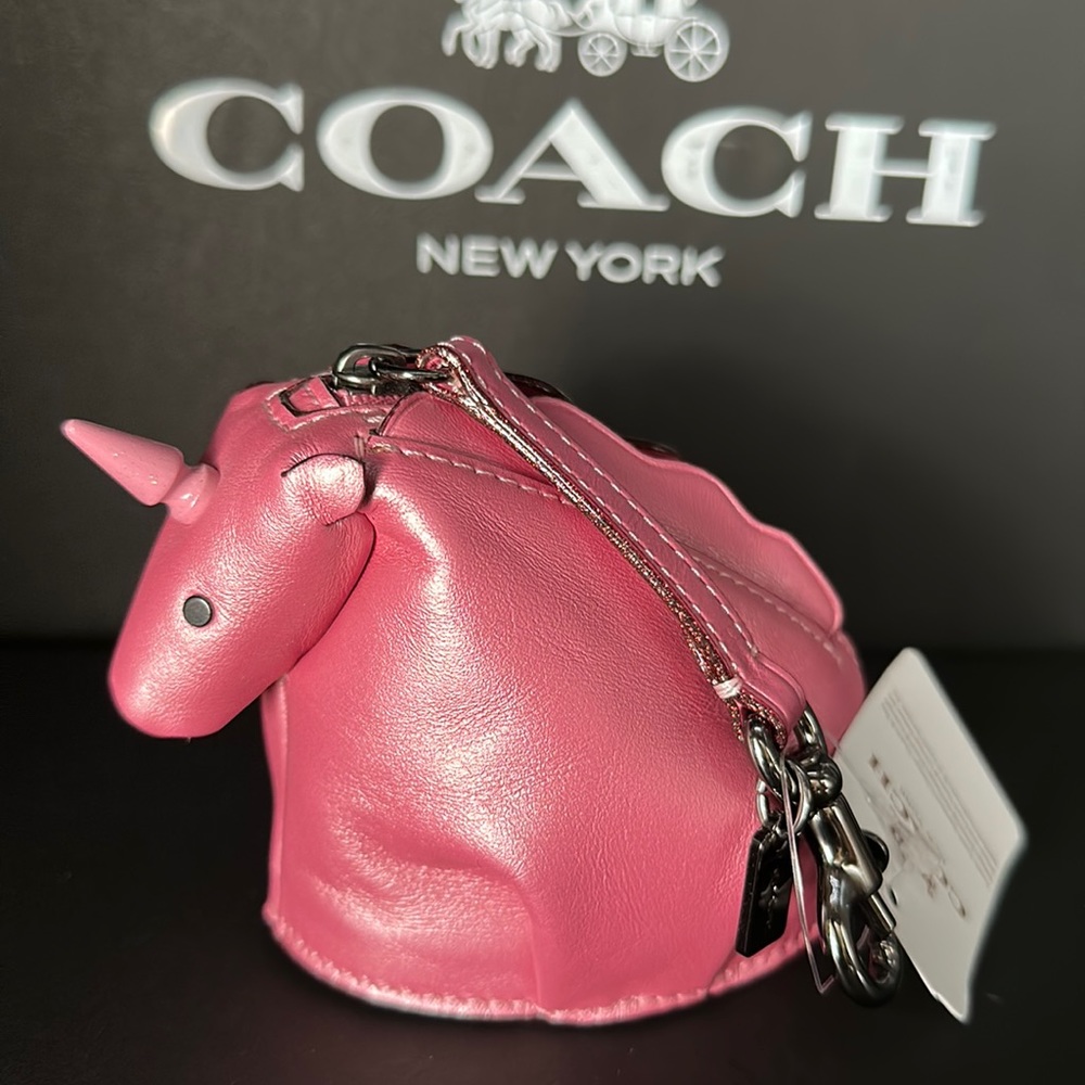 Coach Unicorn Metallic Pink keychain Bag Charm Coin Purse Stud Zipper NWT Leash - Picture 6 of 9